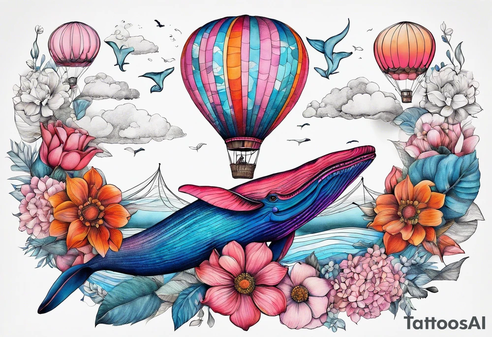 flowers, bold color, collage, pink, orange, red, hot air balloon, blue whale tattoo idea