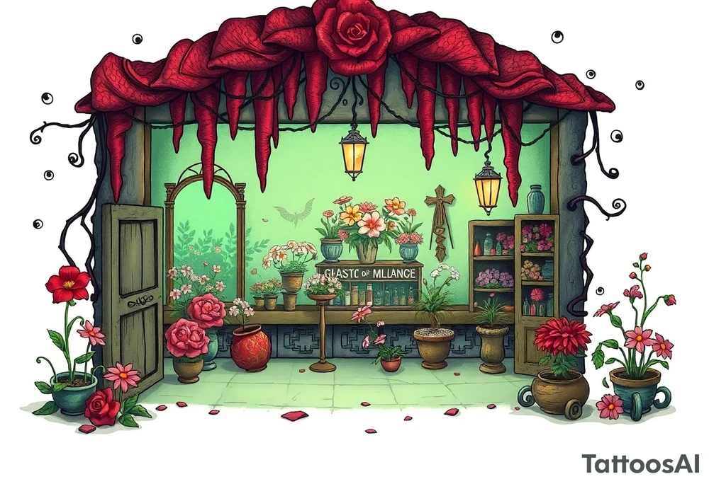 Tim Burton’s flower shop is abandoned and dripping with muted reds, dusty pinks, and eerie green glow. tattoo idea tattoo idea