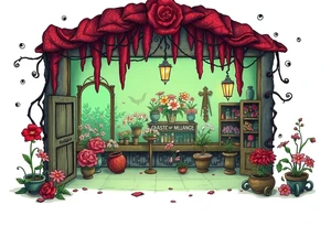Tim Burton’s flower shop is abandoned and dripping with muted reds, dusty pinks, and eerie green glow. tattoo idea tattoo idea