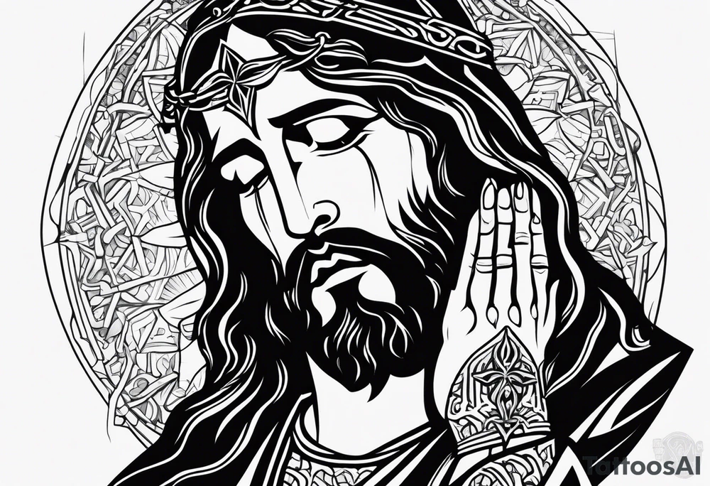 Jesus crying 3 tears one small one medium and one large in the large tear there is the god of death and all around the 3 year drops there is skeletons and dead people tattoo idea