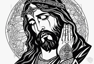 Jesus crying 3 tears one small one medium and one large in the large tear there is the god of death and all around the 3 year drops there is skeletons and dead people tattoo idea