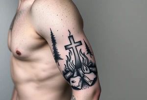 Campfire with cross hidden in the flames include the great outdoors and night sky make sure cross doesn't look like it is on fire tattoo idea