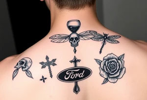 Hourglass, skull, dragonfly, cross, black rose, and Ford emblem tattoo idea