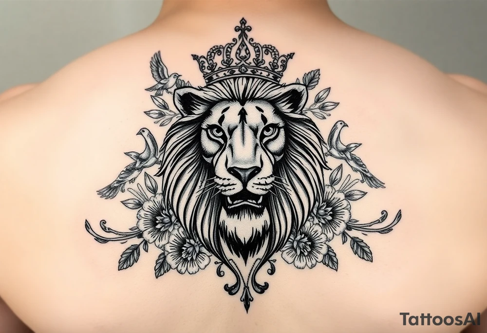 powerful majestic lion with a crown, surrounded by floral ornaments and birds tattoo idea