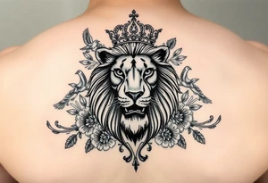 powerful majestic lion with a crown, surrounded by floral ornaments and birds tattoo idea