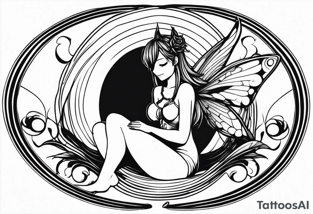 A fairy with a tail inspired by the logo of the show called Fairy Tail in a fetal position tattoo idea