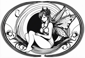 A fairy with a tail inspired by the logo of the show called Fairy Tail in a fetal position tattoo idea