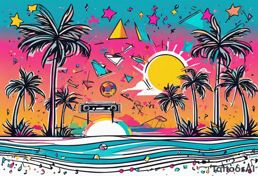 1980's miami vice style beach dance 
party, include confetti, music notes, boom box, bikinis sunset in the center tattoo idea