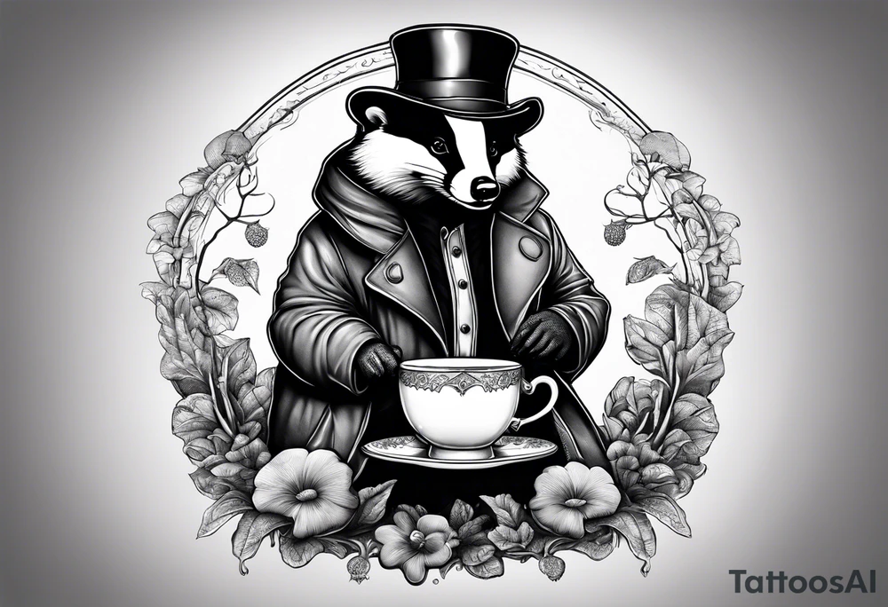 Badger in a coat with a teacup sitting on a mushroom tattoo idea