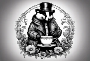 Badger in a coat with a teacup sitting on a mushroom tattoo idea