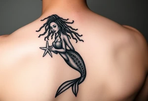 black woman mermaid with locs holding a starfish, floating majestical tattoo idea