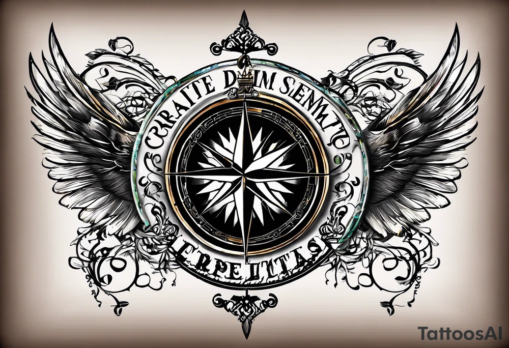 Create a tattoo design for a forearm that complements an existing 'carpe diem' scripted tattoo. The design should incorporate elements that symbolize the journey of life, achievements, and personal growth. Consider including symbols like a compass, the scales of justice, or abstract linework that represents life’s ups and downs. The style should be elegant, with a balance between detailed and minimalistic elements, ensuring it flows naturally with the existing tattoo. tattoo idea