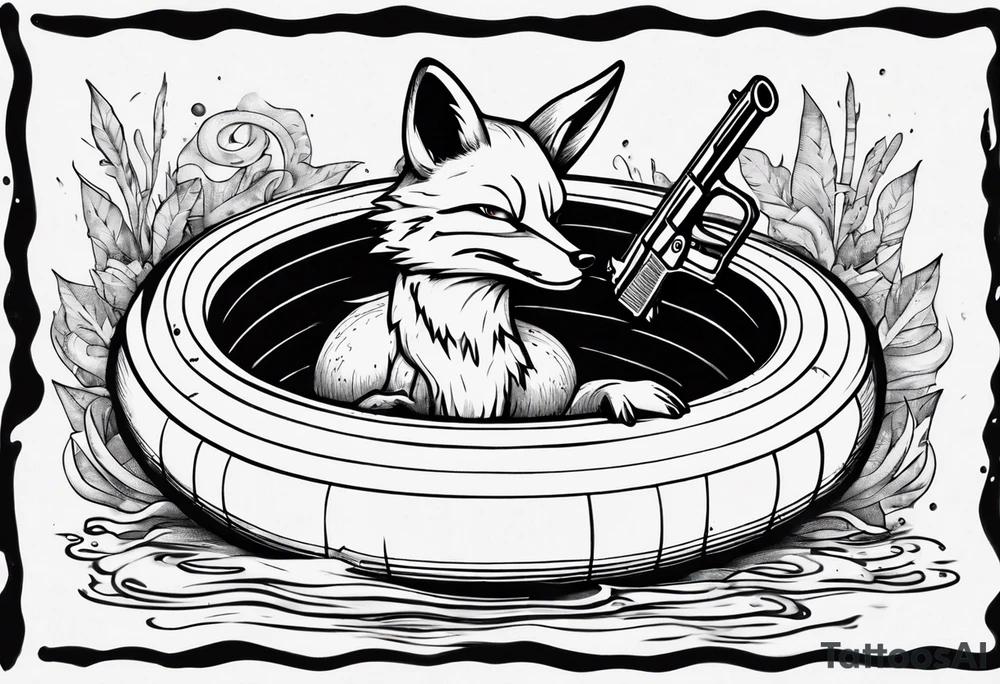 a tatto drawing black and white of a fox floating inside innertube in a pool holding a gun tattoo idea
