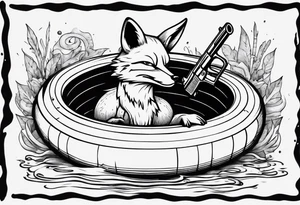 a tatto drawing black and white of a fox floating inside innertube in a pool holding a gun tattoo idea