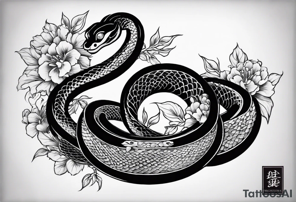 Two headed snake tattoo for placement along the spine in japanese style where the head is positioned at the bottom end of my spine to symbolise a journey of healing and transformation tattoo idea