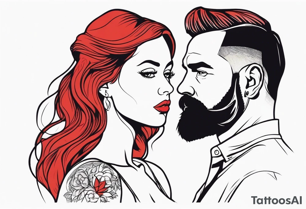 Busty Red haired woman with black haired bearded man tattoo idea