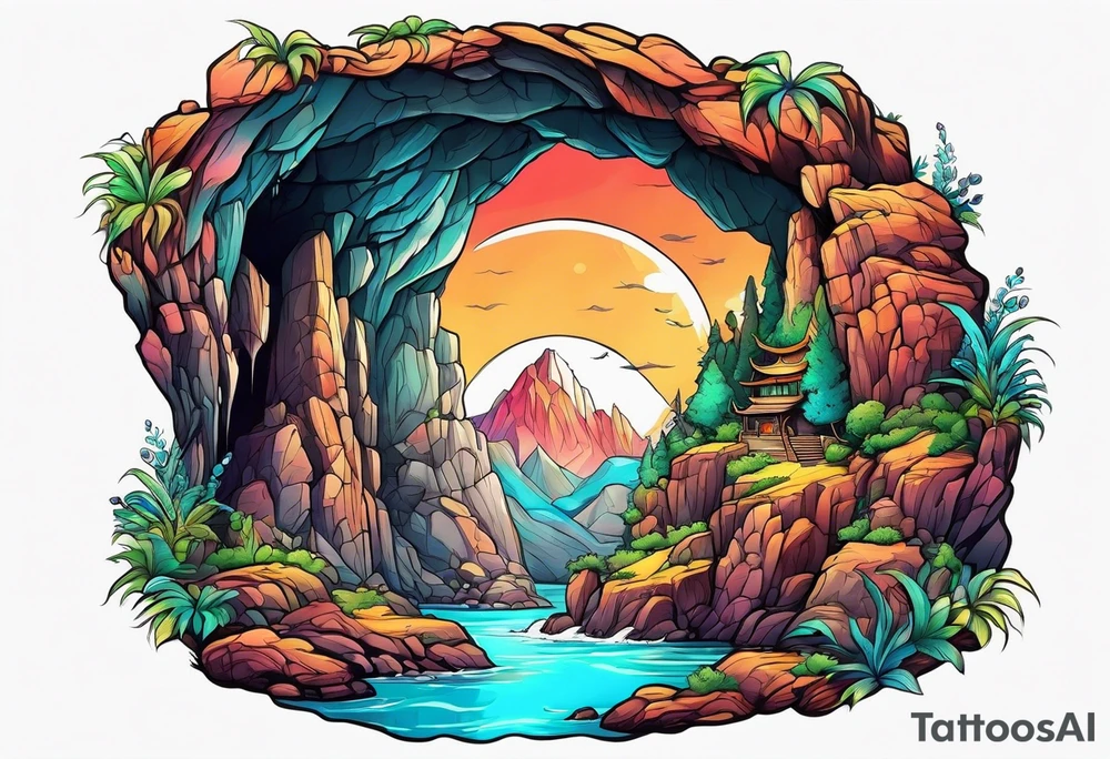 Colorful cave with water tattoo idea