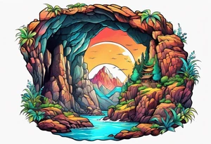 Colorful cave with water tattoo idea