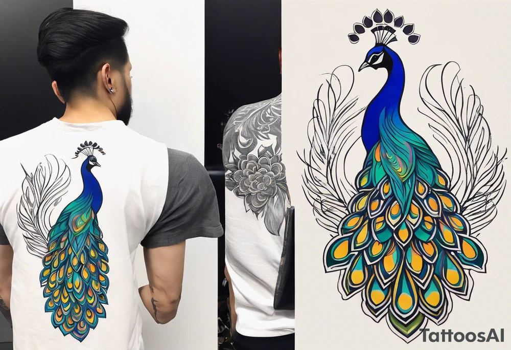 Colorful peacock that is longer than it is wide over a sublime style sun standing in a stick with a horseshoe over the top of the peacock to each side of the stick tattoo idea