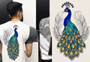 Colorful peacock that is longer than it is wide over a sublime style sun standing in a stick with a horseshoe over the top of the peacock to each side of the stick tattoo idea