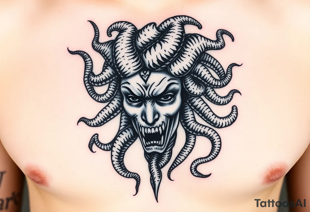 3. Medusa en fragmentos / Mirada mortal
Una Medusa moderna, no con rostro de horror, sino con una expresión de poder y resignación.

Su cabeza hecha de serpientes negras en movimiento (podrían extenderse hacia el hombro).

Parte del rostro desintegrándose como piedra. tattoo idea