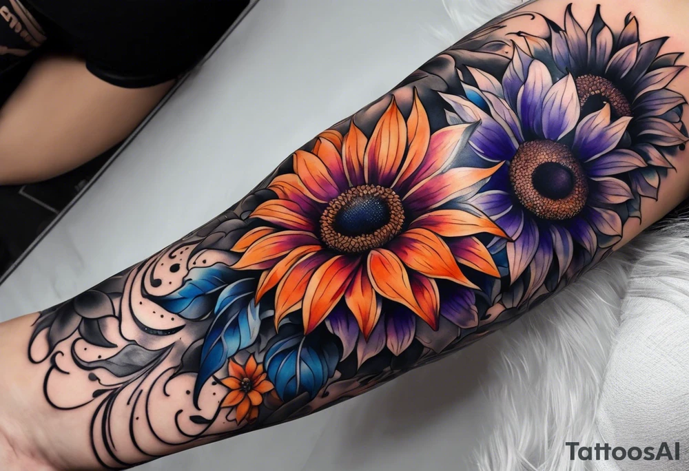 Full arm sleeve with purple, orange and blue sunflowers tattoo idea