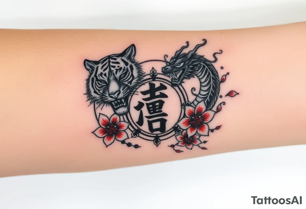 Fierce tiger and dragon surrounding Japanese symbol for “love” while being surrounded with red spider lily’s and smoke tattoo idea