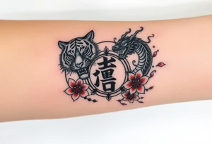 Fierce tiger and dragon surrounding Japanese symbol for “love” while being surrounded with red spider lily’s and smoke tattoo idea
