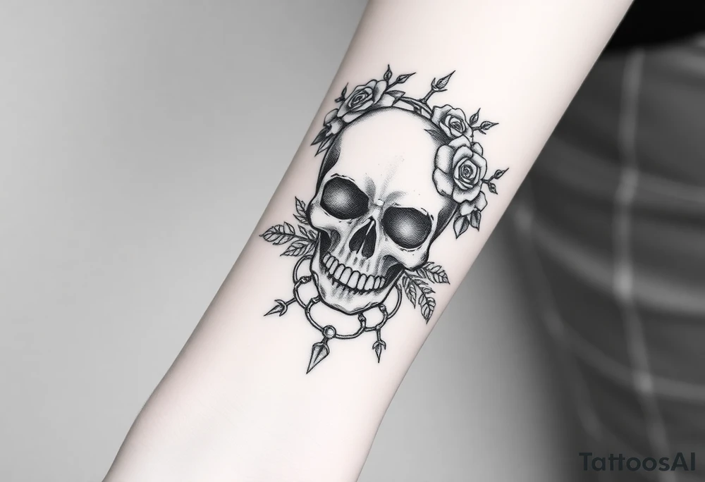 ornate skull adorned with crown of wild roses and thorns tattoo idea