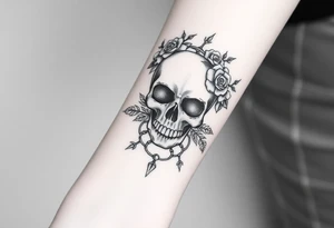 ornate skull adorned with crown of wild roses and thorns tattoo idea