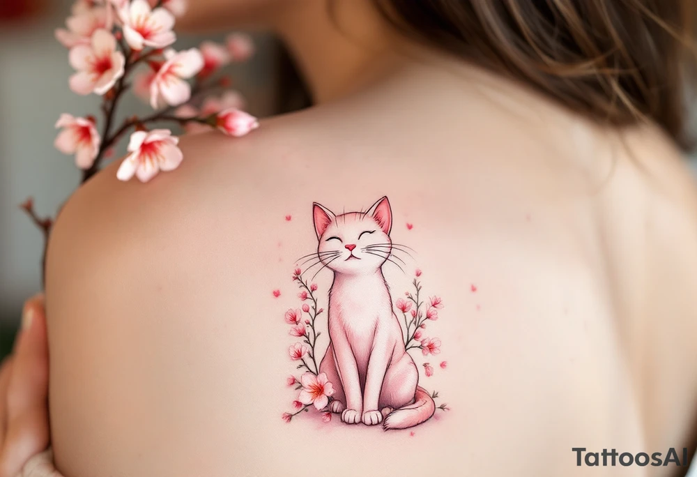 Marie the cat from The Aristocats in a delicate watercolor style, with soft pinks and whites, sitting gracefully among blooming cherry blossoms. tattoo idea