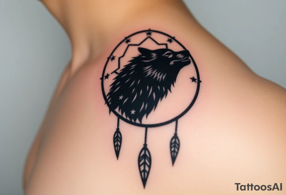 A wolf’s silhouette within a dreamcatcher, with stars scattered across the background. The wolf is shaded in black and gray. tattoo idea