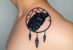 A wolf’s silhouette within a dreamcatcher, with stars scattered across the background. The wolf is shaded in black and gray. tattoo idea