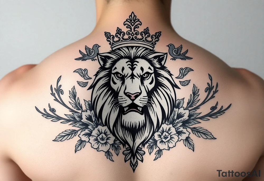 powerful majestic lion with a crown, surrounded by floral ornaments and birds tattoo idea