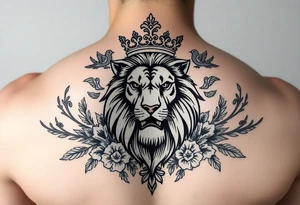 powerful majestic lion with a crown, surrounded by floral ornaments and birds tattoo idea