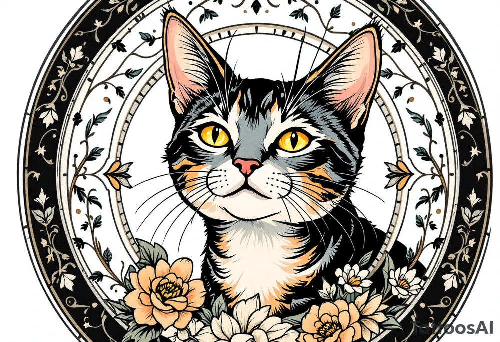 Neo traditional cat just the head and neck in an art nouveau ornamental frame tattoo idea