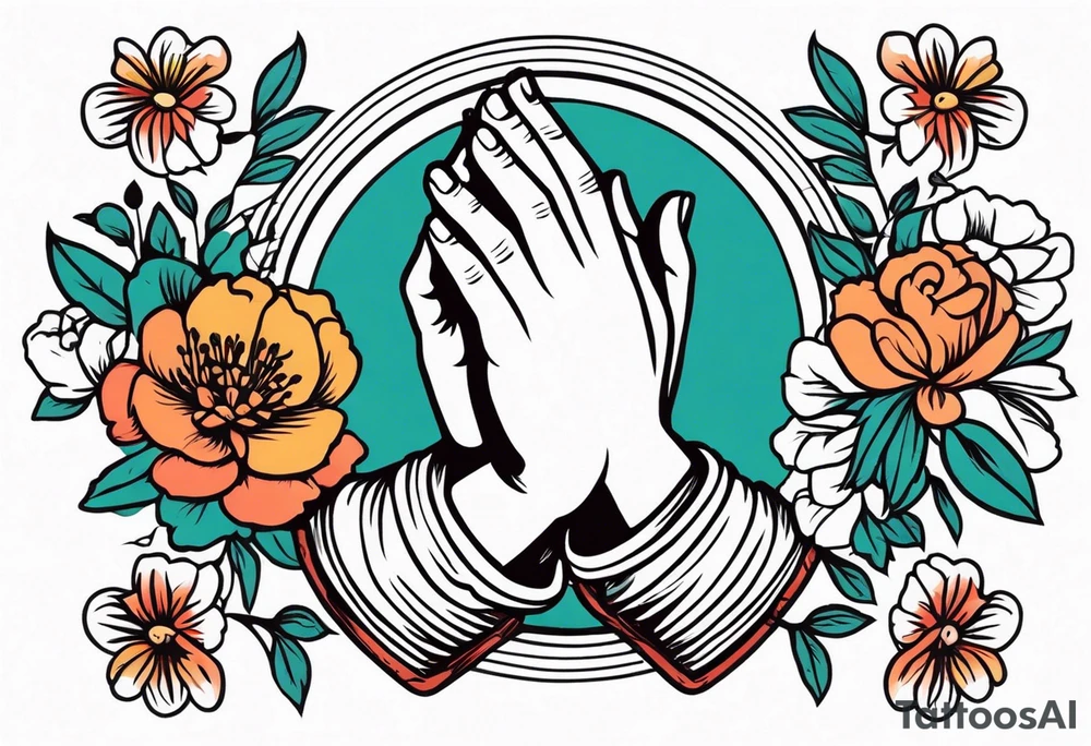 praying hands

old school vintage simple traditional design with vintage flowers surrounding
bold color simple tattoo idea