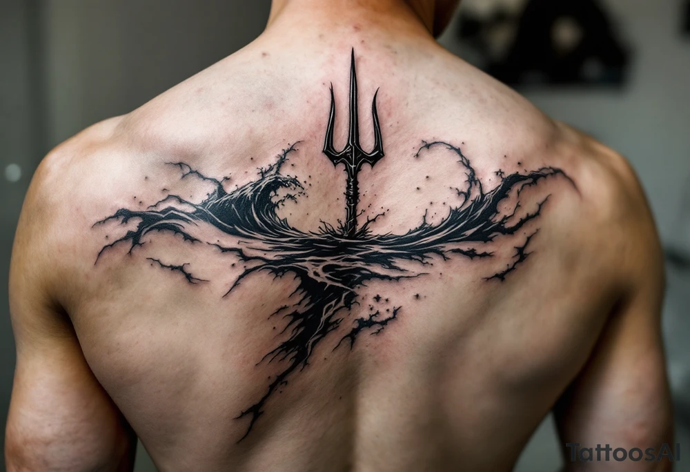 trident half way under water tattoo idea