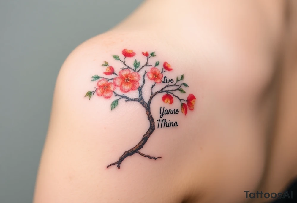 Peach tree with names scripted branches tattoo idea
