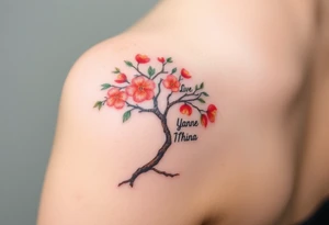 Peach tree with names scripted branches tattoo idea