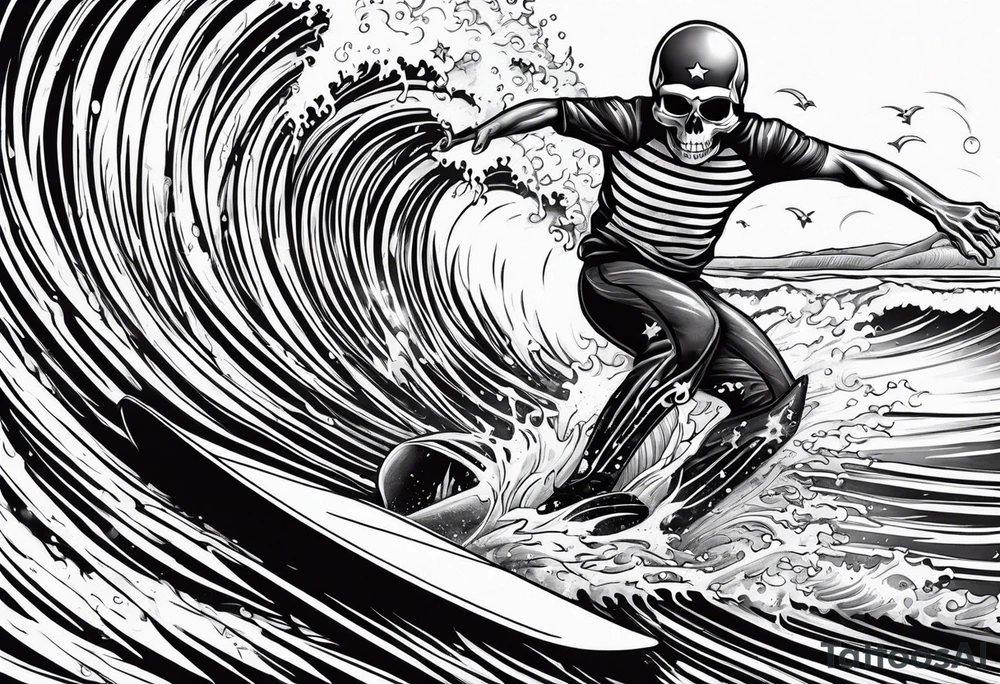 Surfing skeleton tattoo idea