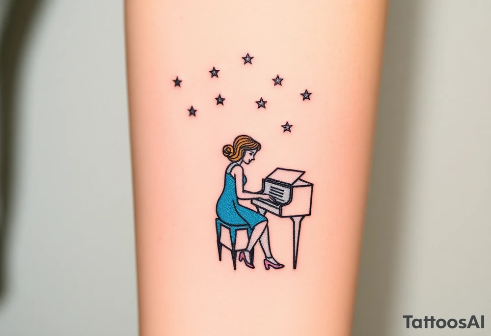 woman playing piano under the stars tattoo idea