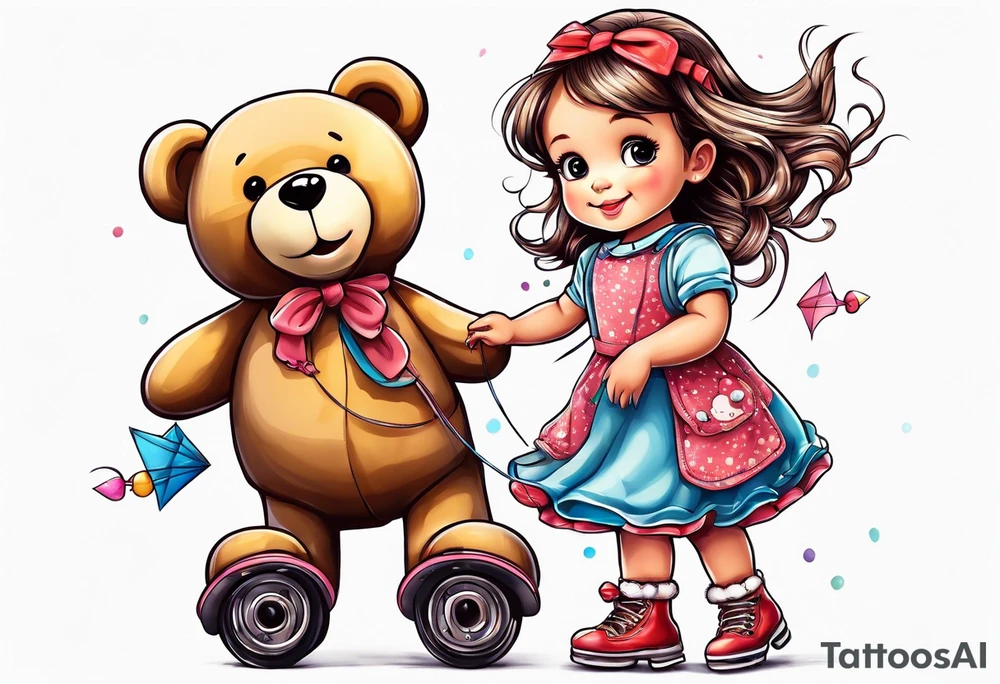 a little girl in a dress standing with a teddy bear in roller skates, flying a kite tattoo idea