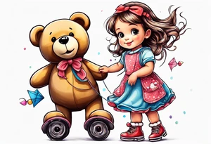 a little girl in a dress standing with a teddy bear in roller skates, flying a kite tattoo idea