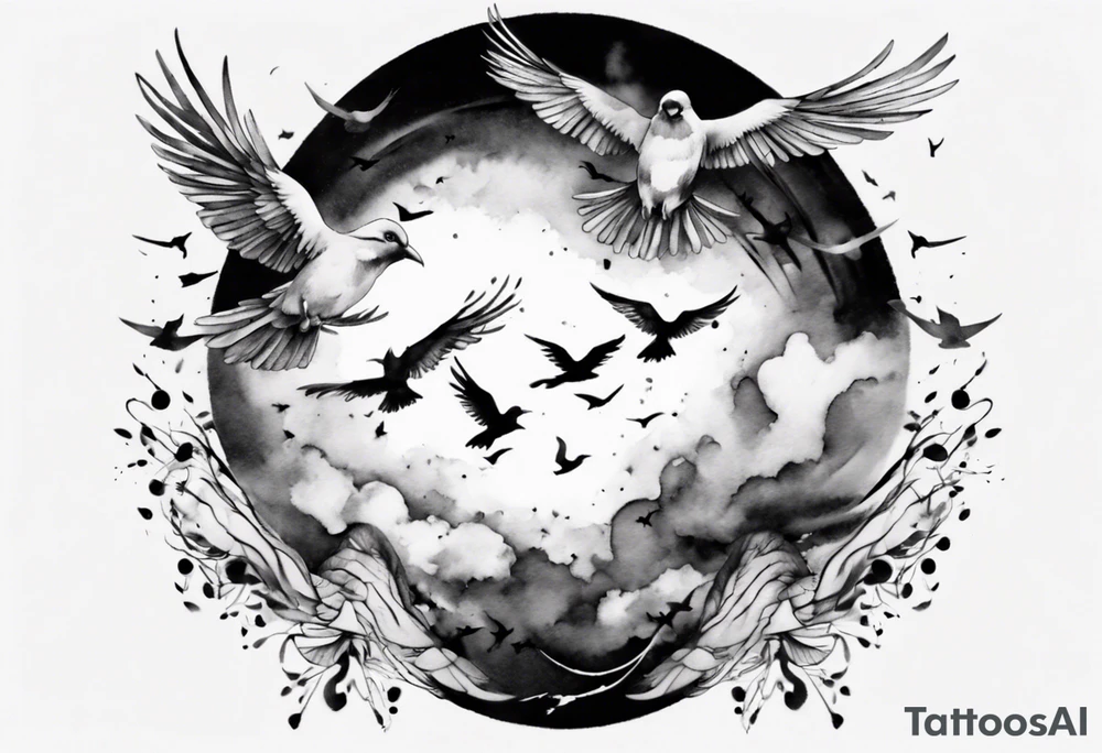 shoulder tattoo with light rays with birds flying free among the clouds, round shape, 3d effect tattoo idea
