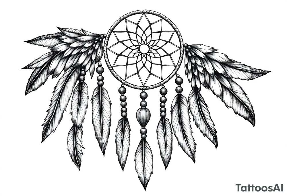 native dreamcatcher with flowing feathers and sacred beads tattoo idea