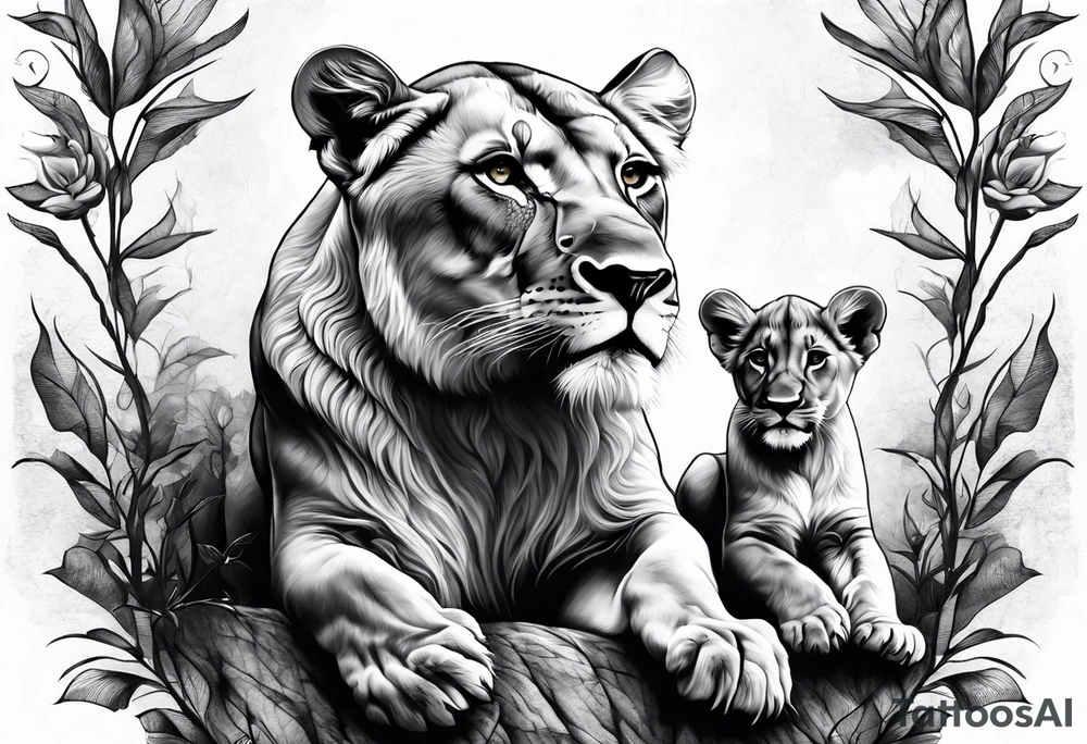 Lioness on her hind legs
protecting her two cubs tattoo idea Lioness on her hind legs
protecting her two cubs tattoo idea
