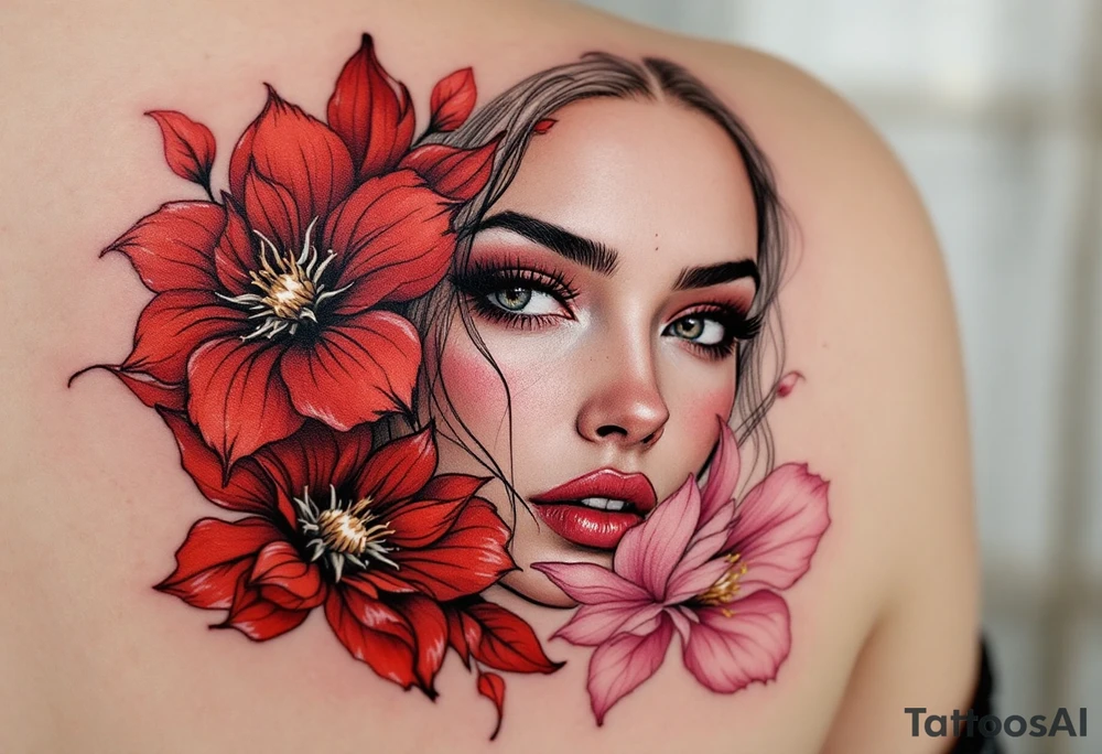 A close-up of Christina’s determined face surrounded by vibrant red and pink flowers. Her face is framed by soft lines, reflecting her bravery and loyalty within Dauntless. The red represents passion, while the pink signifies friendship and support.
Colors: Vibrant red, soft pink, black. tattoo idea