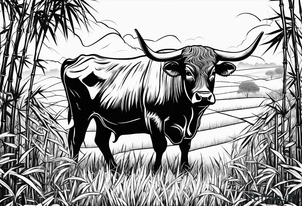 ox in bamboo field engulfed in vietnam country outline tattoo idea