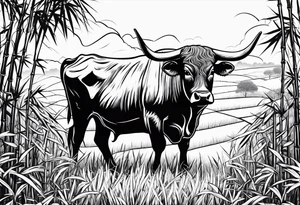 ox in bamboo field engulfed in vietnam country outline tattoo idea